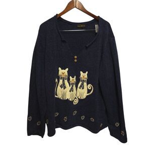 Vintage Cat Sweater Blue Cinnamon Cinder Size 1XL Kitten Cat Lady